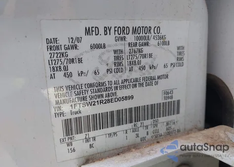 2008 Ford F-250 Fx4/Harley-Davidson/King Ranch/Lariat/Xl/Xlt из США, поврежденный, VIN 1FTSW21R28ED05899